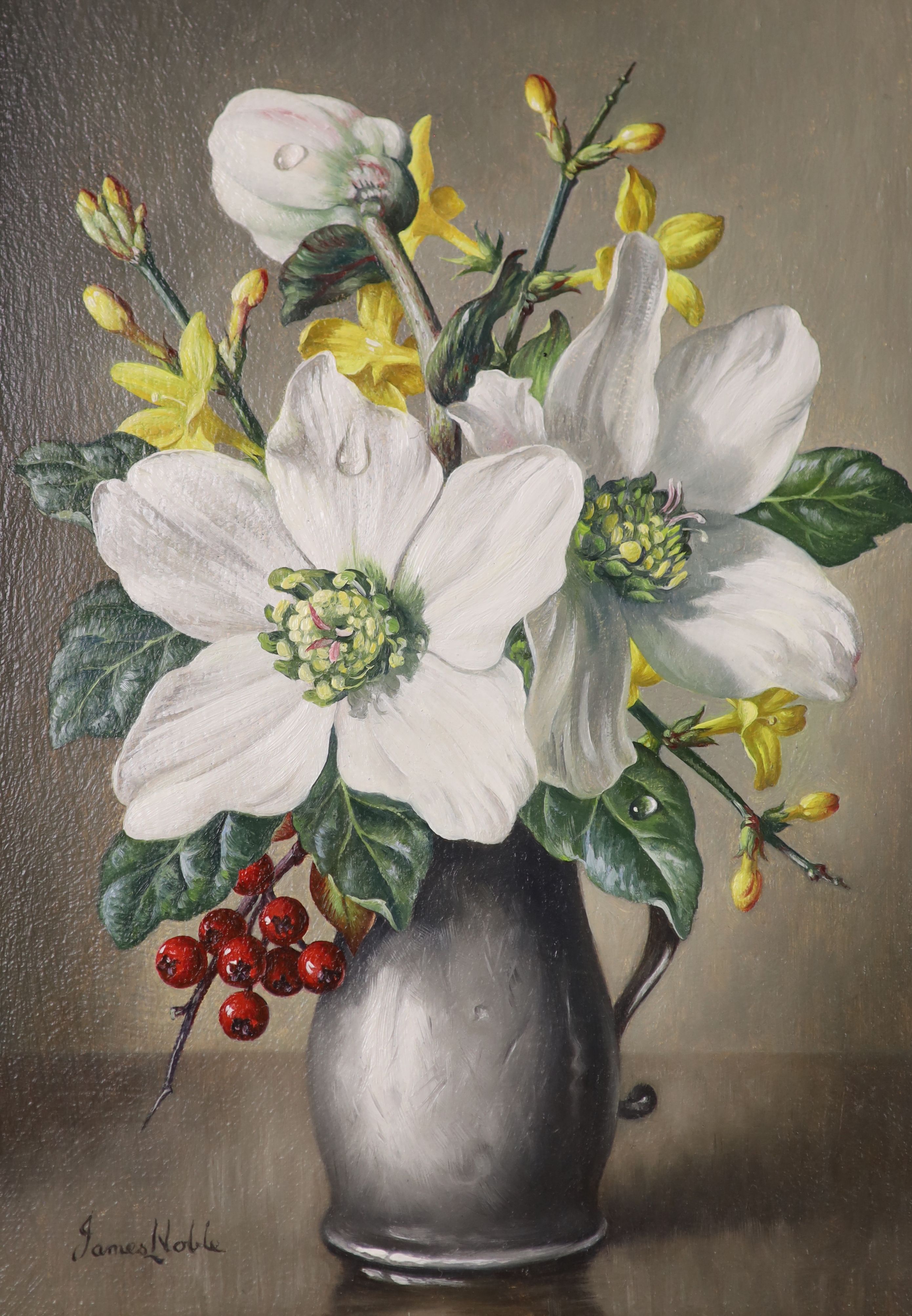 James Noble (1919-1989), oil on panel, 'Christmas Roses, Winter Jasmine and Pyracantha Berries', signed, carved gilt frame with velvet slip, 17.5 x 12cm